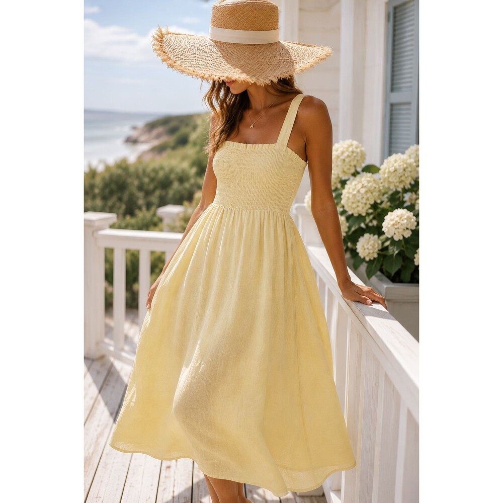 Made in Italy Linen Midi Dress Women Yellow Smocked Boho Sundress Size M